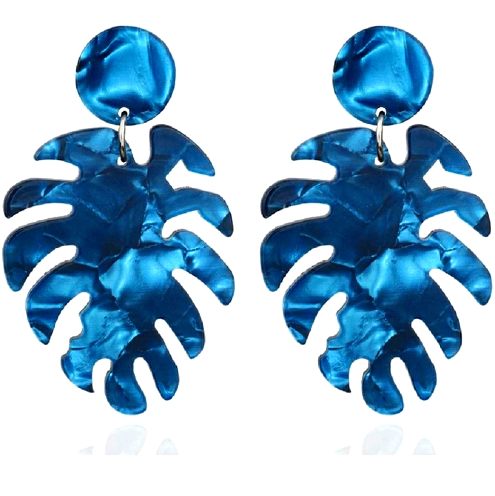 Boho acrylic palm leaf blue dangle earrings..NWT